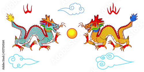 Two colourful Chinese dragon or loong long or lung with golden pearl or ball and Chinese clouds drawing in vector