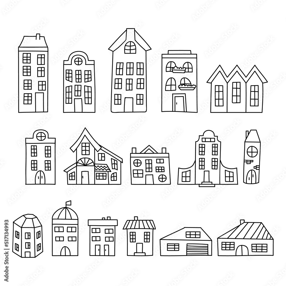 Set of hand drawn houses. Vector illustration in doodle style. Isolated on a white background.