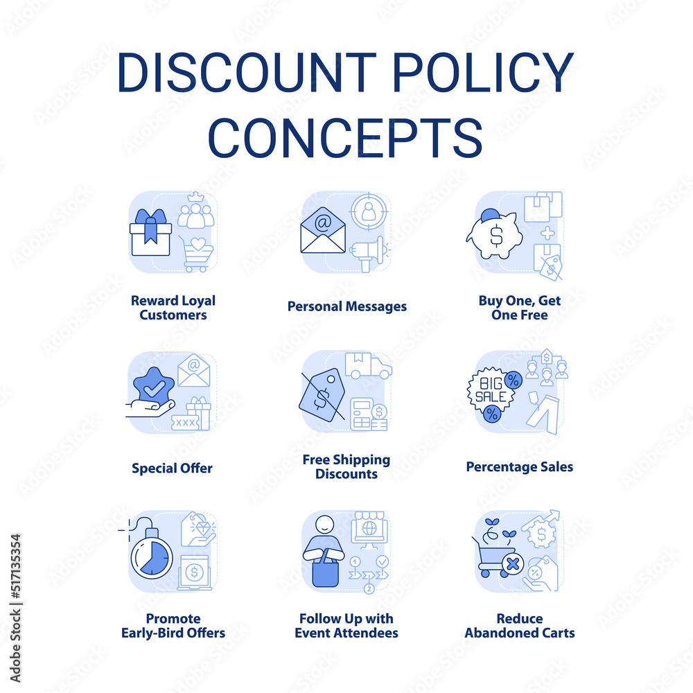 Discount policy light blue concept icons set. Customer benefits. Marketing strategy idea thin line color illustrations. Isolated symbols. Editable stroke. Roboto-Medium, Myriad Pro-Bold fonts used Discount policy light blue concept icons set. Customer benefits. Marketing strategy idea thin line color illustrations. Isolated symbols. Editable stroke. Roboto-Medium, Myriad Pro-Bold fonts used