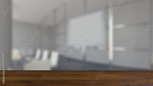 Modern office Cabinet.  3D rendering.   Meeting room. Mockup.. Background with empty wooden table. Flooring.