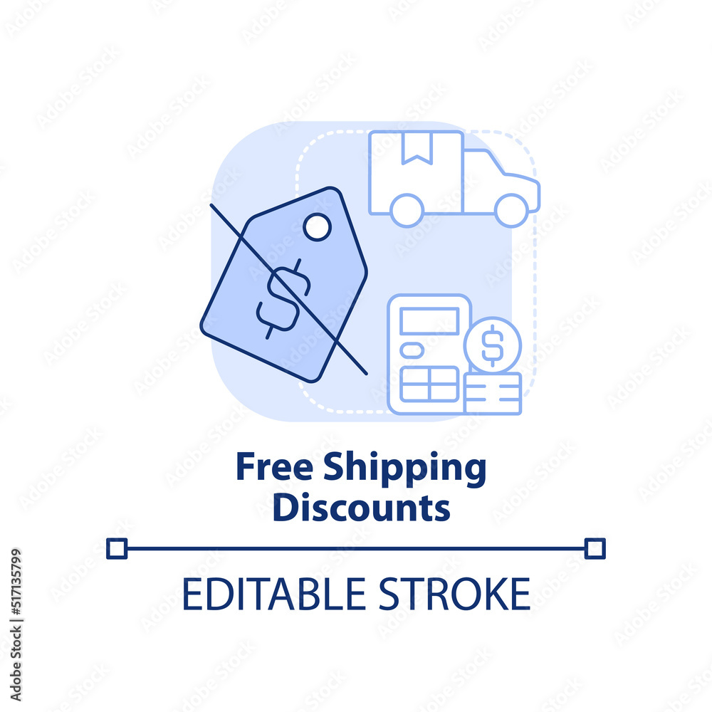 Free shipping discounts light blue concept icon. Delivery. Type of customer bonuses abstract idea thin line illustration. Isolated outline drawing. Editable stroke. Arial, Myriad Pro-Bold fonts used