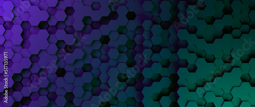 Honeycomb background with high resolution neon illumination. Honeycomb banner synchronous structure of hexagons with neon purple green lighting. 3D render.