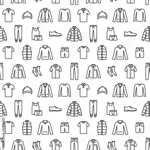 Seamless pattern with man clothes and accessories line icon. Vector illustration