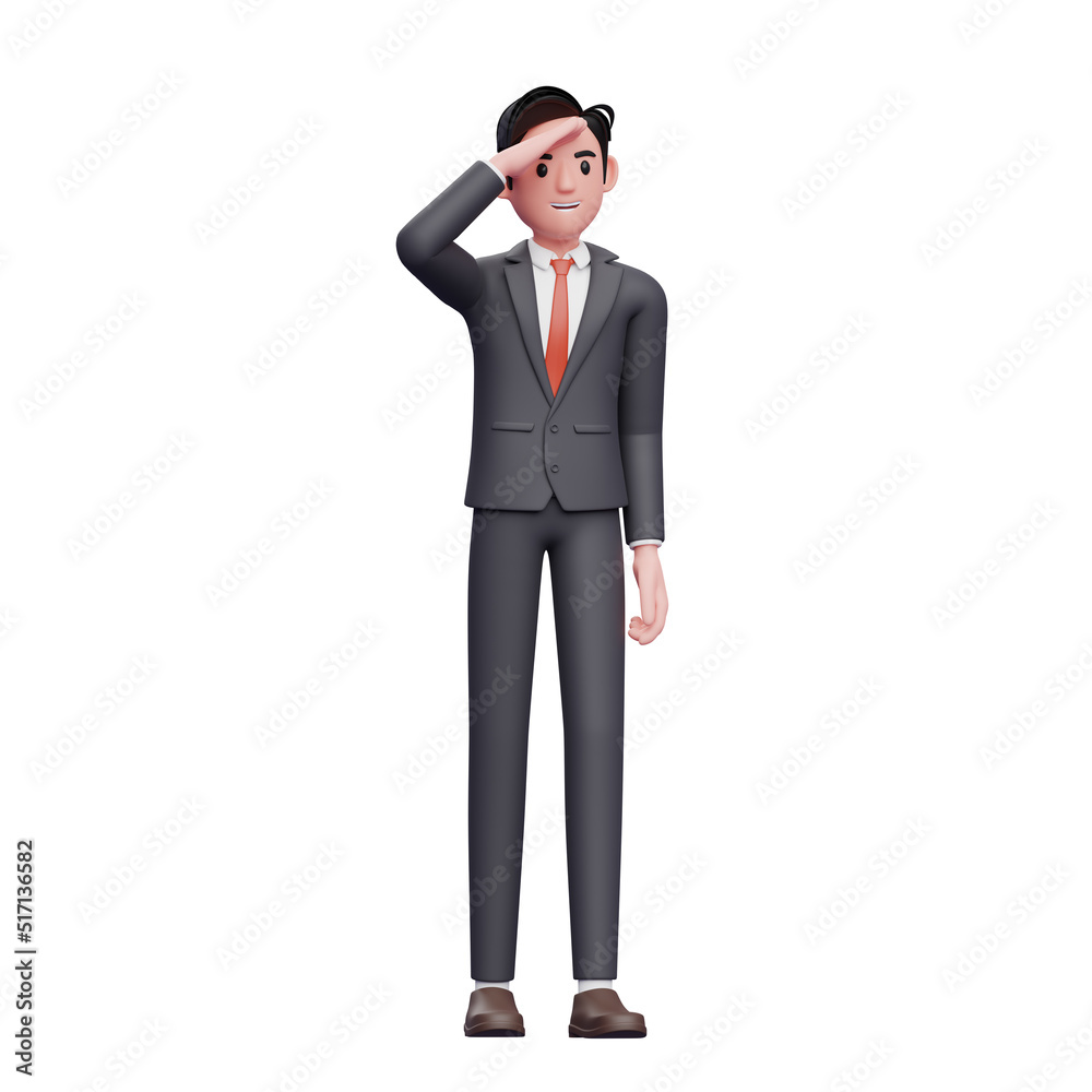 businessman in formal suit looking far away, 3D visionary businessman character illustration