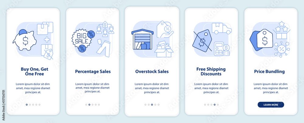 Types of discounts light blue onboarding mobile app screen. Sales walkthrough 5 steps editable graphic instructions with linear concepts. UI, UX, GUI template. Myriad Pro-Bold, Regular fonts used