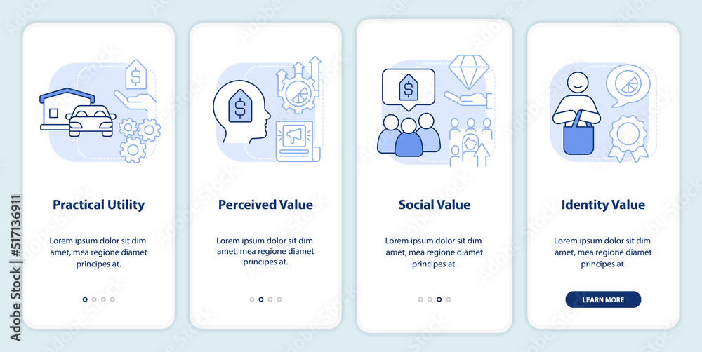 Product values light blue onboarding mobile app screen. Business walkthrough 4 steps editable graphic instructions with linear concepts. UI, UX, GUI template. Myriad Pro-Bold, Regular fonts used