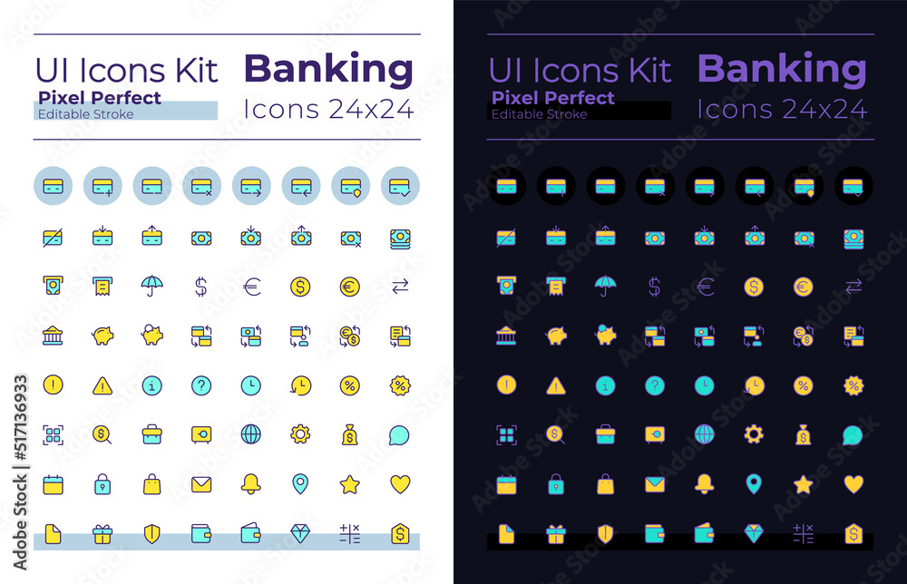 Vetor de Banking pixel perfect RGB color ui icons set for dark, light ...
