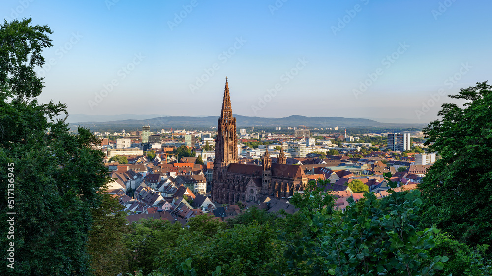 Panoramablick auf das Freiburger Münster mit Kaiserstuhl am Horizont Panoramablick auf das Freiburger Münster mit Kaiserstuhl am Horizont