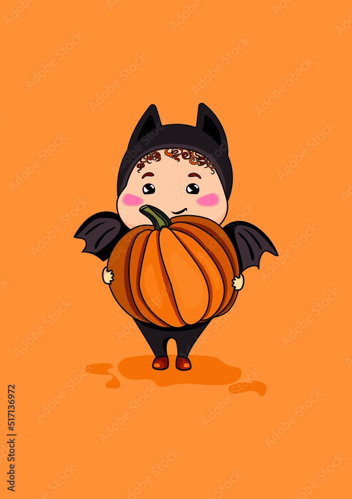 Fototapeta premium Vector drawing of a toddler in a bat costume with a pumpkin in his hands on an orange background. Halloween card 