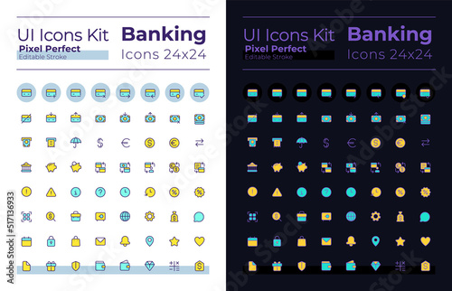 Banking pixel perfect RGB color ui icons set for dark, light mode. Money transactions. GUI, UX design for mobile app. Vector isolated pictograms. Editable stroke. Montserrat Bold, Light fonts used