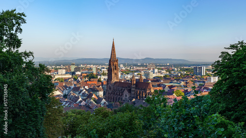 Panoramablick auf das Freiburger Münster mit Kaiserstuhl am Horizont