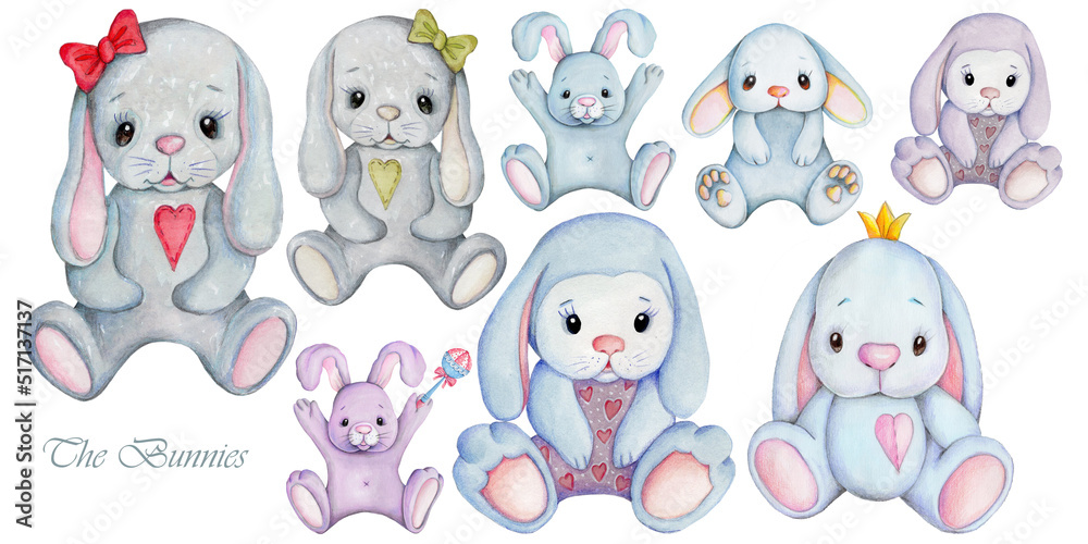 Fototapeta premium Cute cartoon bunny rabbit hares. Watercolor hand drawn painted illustration for children design.