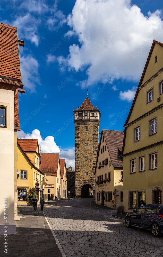 Rothenburg ob der Tauber, Germany. Rödergasse and Röder gate tower