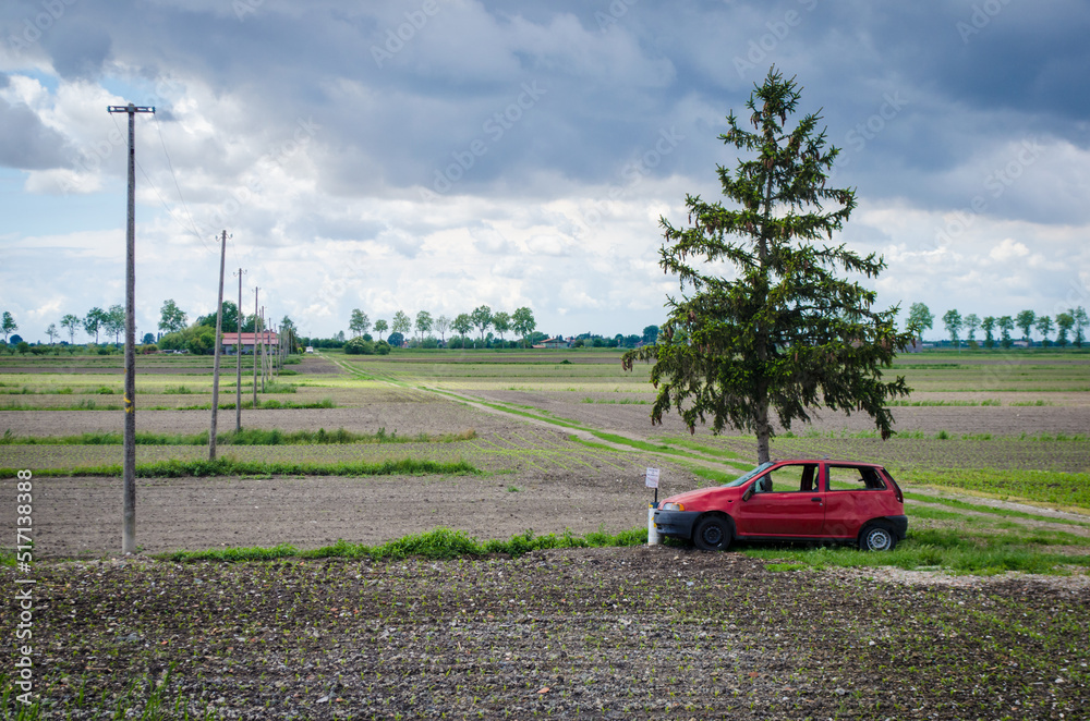 Una macchina rossa abbandonata vicino a un albero nella campagna del Friuli lungo la Via Postumia, cammino che parte da Aquileia e arriva a Genova