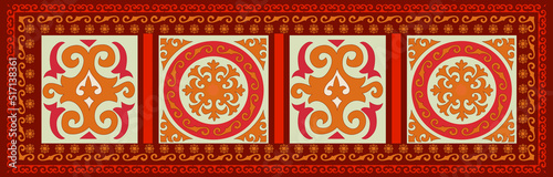 Kazakh traditional carpet - nomadic ornaments in brown colors, home interior elements. Digital textile patterns. Kazakhstan 