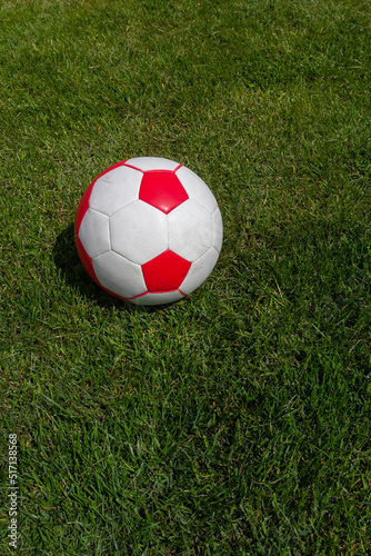 Soccer ball on green grass of football field with copy space