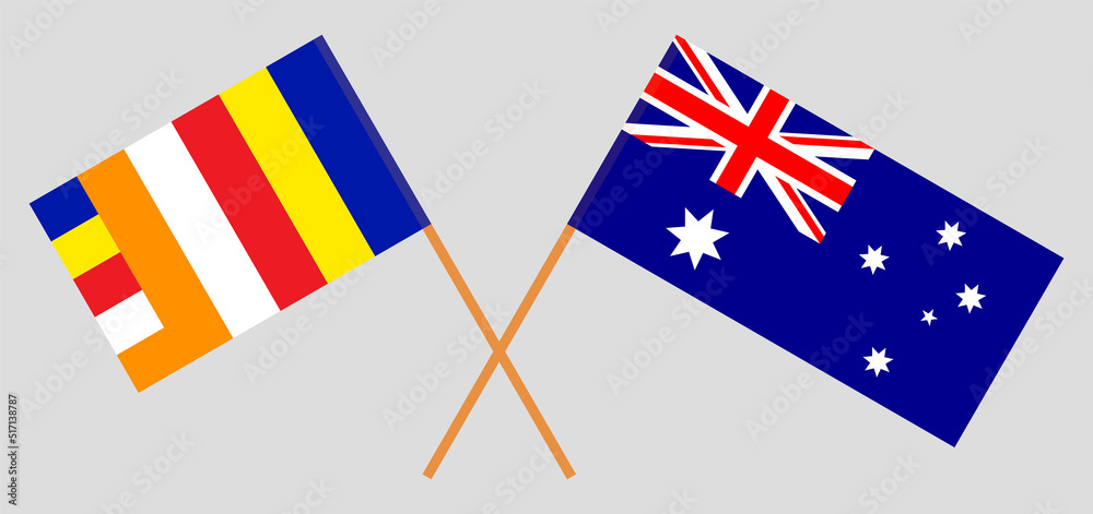 Crossed flags of Buddhism and Australia. Official colors. Correct proportion Crossed flags of Buddhism and Australia. Official colors. Correct proportion