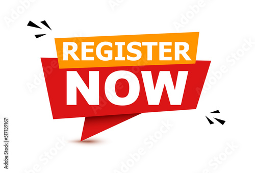 Register now. Vector Illustration Modern Web Banner With Text Register Now. Easy vector illustration isolated paper bubble register now. This element is well adapted for web design