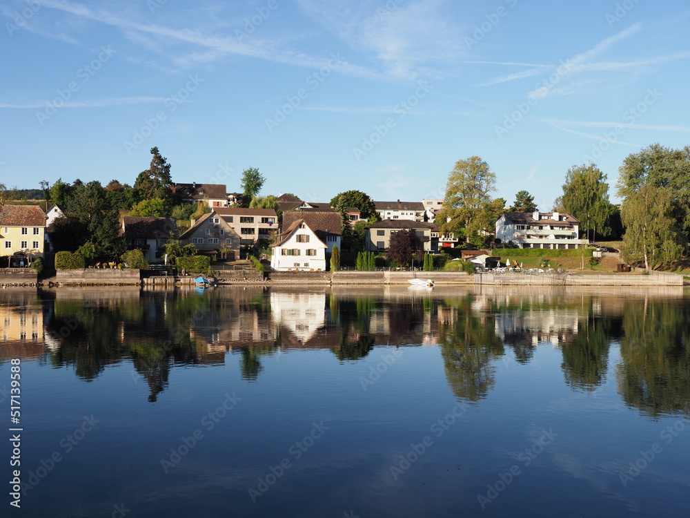 Houses at Rhine River in european STEIN AM RHEIN town in SWITZERLAND
