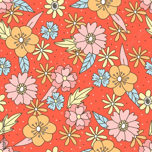 Vector seamless pattern with colorful flowers and leaves