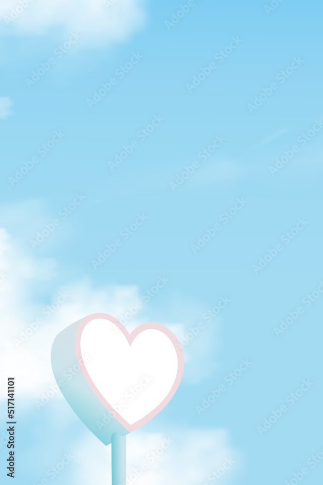 3D Love heart shaped road sign over blue sky with fluffy cloud background,Vector illustration vertical banner with White Heart pole mockup, Minimal design Backdrop for Valentine card, Mobile screen