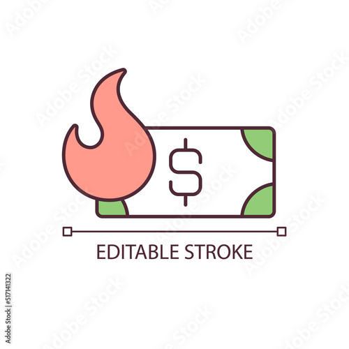 Money and fire RGB color icon. Worthless money and inflation. Hyperinflation. Financial crisis. Isolated vector illustration. Simple filled line drawing. Editable stroke. Arial font used