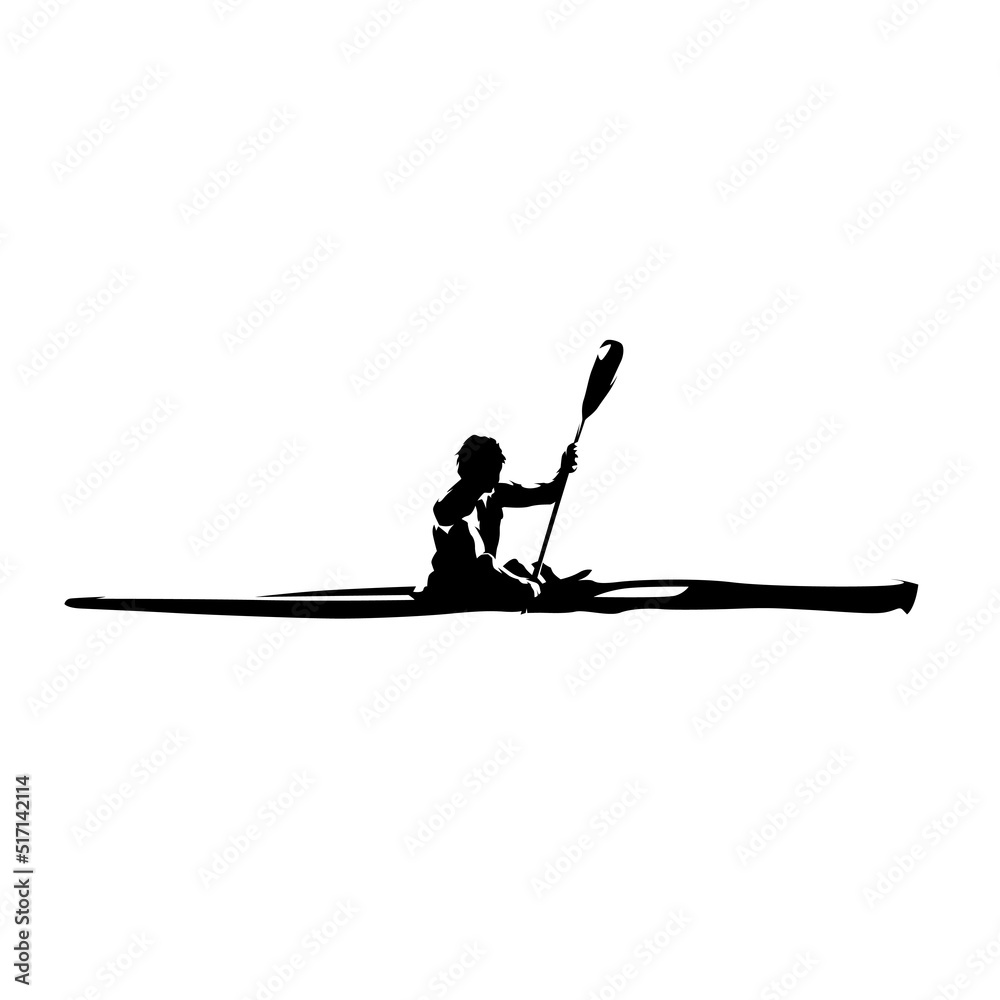 Kayak paddling, male athlete, water sport. Abstract isolated vector silhouette