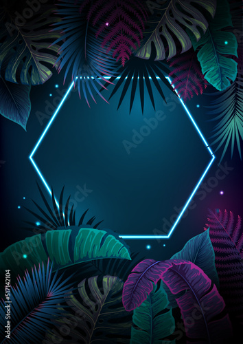 Summer background with neon frame and  fluorescent tropic leaves. Nature concept. Vector illustration