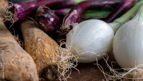 Seasonally grown vegetables (carrots, onions, parsnips,rutabaga, parsnip) displayed on a wooden surface.  Soup ingredients and food preparation concept.  photo