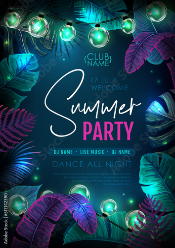 Summer party poster with fluorescent tropic leaves and modern electric lamps. Nature concept. Summer background. Vector illustration