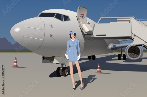 The stewardess meets passengers near the plane ladder. Vector.