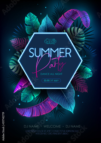 Summer party typography poster with fluorescent tropic leaves. Nature concept. Summer background. Vector illustration