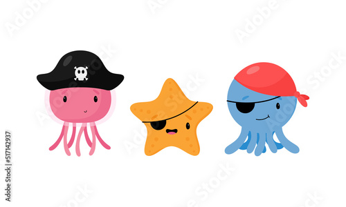 Funny Sea Characters in Pirate costumes. Vector illustration in cartoon style. Isolated on a white background.