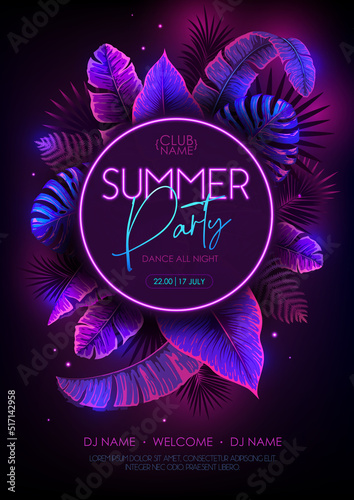 Summer party typography poster with fluorescent tropic leaves. Nature concept. Summer background. Vector illustration