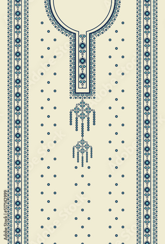 Vector ethnic blue color dress embroidery geometric pattern on white cream background. Tribal art fashion for shirts.