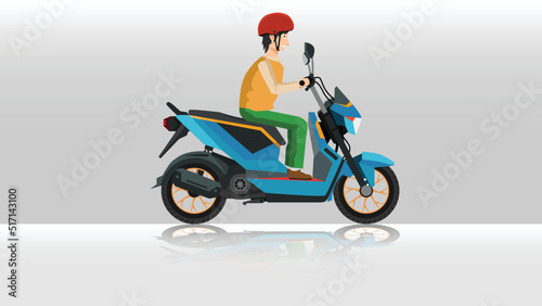 Blue motorcycle with a man in a helmet sitting. with shadow of motocycle on the ground. Vector and Illustrator design.