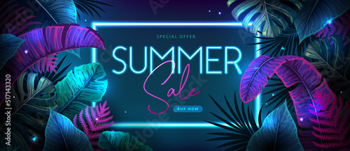Summer big sale typography poster with fluorescent tropic leaves. Nature concept. Summer background. Vector illustration