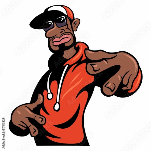 Cartoon style rapper character, dressed in hoodie and baseball cap, isolated on white background.