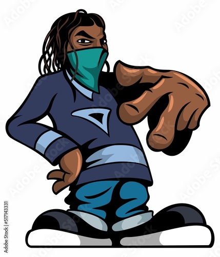 Cartoon style rapper character with dreads, isolated on white background.