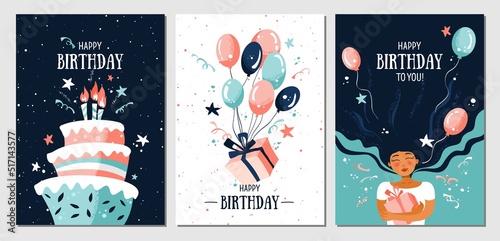 Set of postcards with a woman, gift, balloons, confetti, cake and candles. Holliday, party, vacation, happy birthday. Vector templates for card, poster, flyer, banner and other