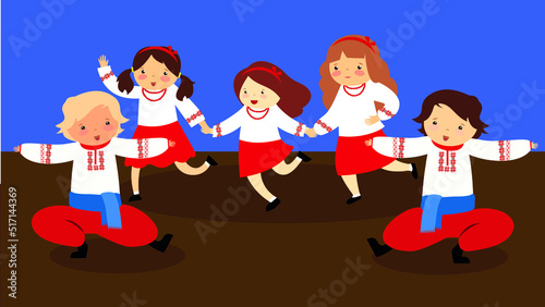Children in embroidered shirts dance a folk dance