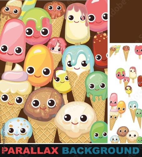 Various miscellaneous ice cream. Set parallax effect. Background illustration. In waffle glasses and cones. Popsicle on sticks. Summer food sweet dessert. Many different ones. Cartoon characters. Flat