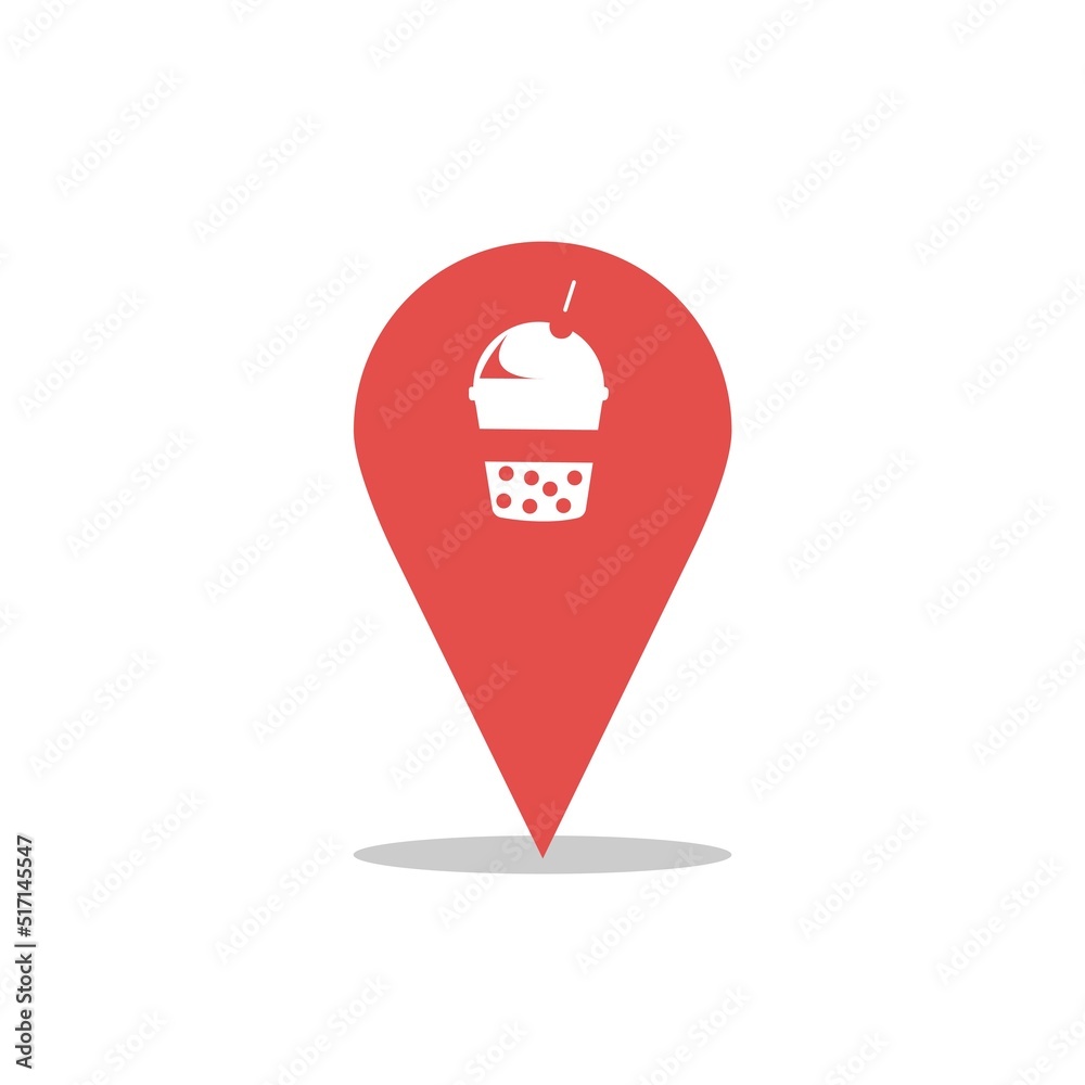 Bubble tea cup design, Pearl milk tea, Yummy drink, coffees and soft drink banner. Map pointer. Pin pointing to a coffee shop, restaurant, bar. Pointer with the image of a milkshake. 