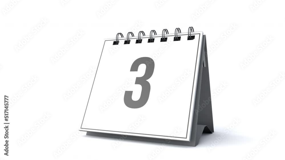 3d animation of flipping calendar pages revealing the number three