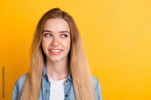 Photo of lady optimistic notice adverts look empty space smiling isolated bright color background