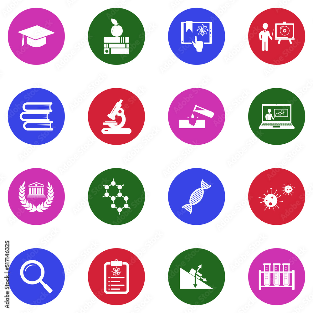 Fototapeta premium Science Education Icons. White Flat Design In Circle. Vector Illustration.