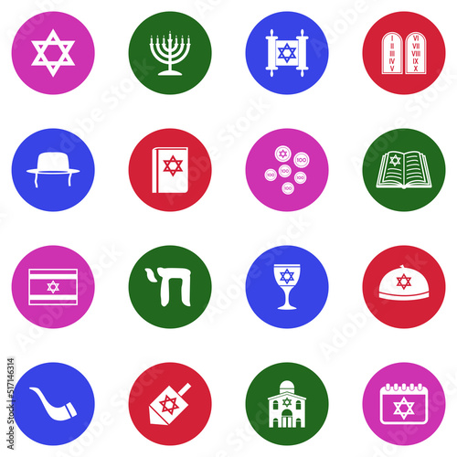 Hanukkah Icons. White Flat Design In Circle. Vector Illustration.