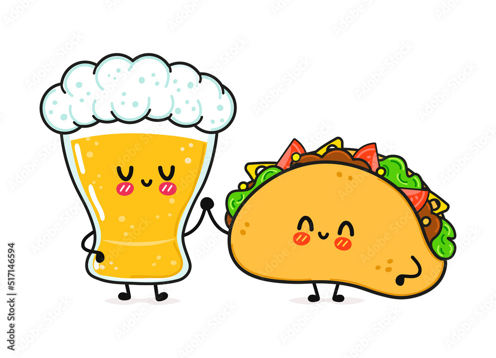 Cute, funny happy glass of beer and taco. Vector hand drawn cartoon kawaii  characters, illustration icon. Funny cartoon glass of beer and taco mascot  friends concept Stock Vector | Adobe Stock