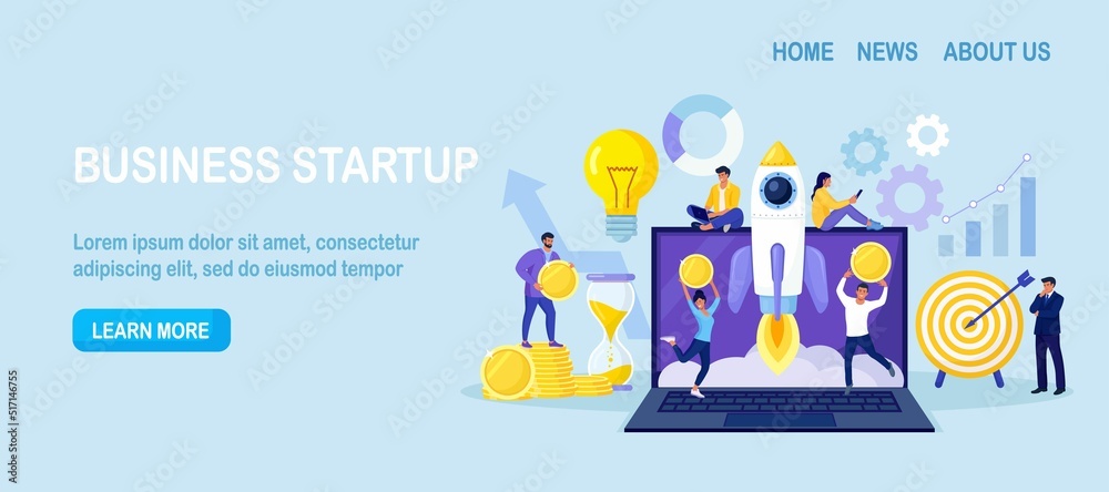 Successful startup launch. Space rocket flies up with graphs charts and diagram on laptop screen. Tiny businessmen developing business project with new ideas, vision, growth strategy, innovation