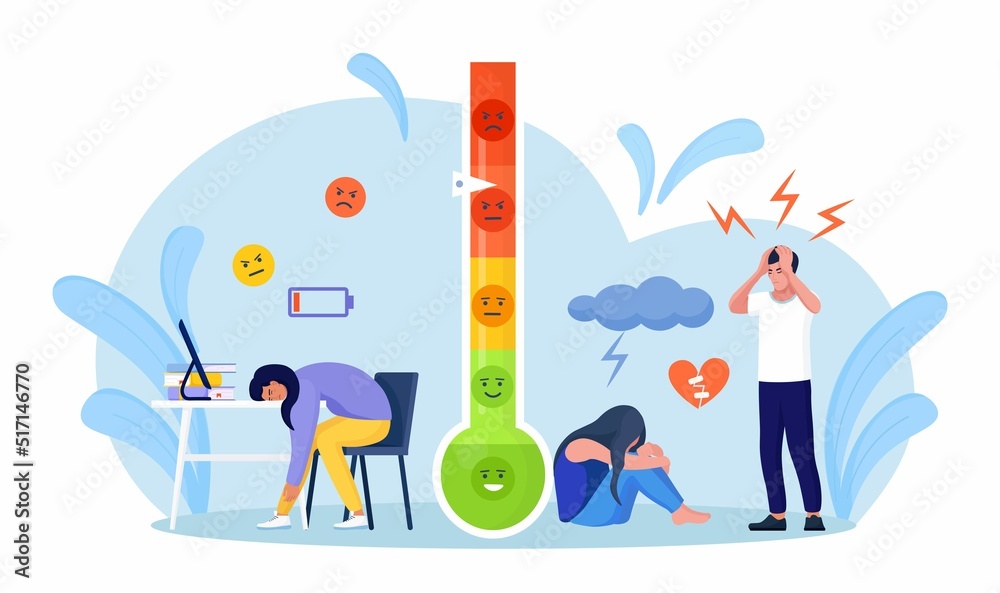 Thermometer as stress level scale emotions. Scale with arrow from red ...